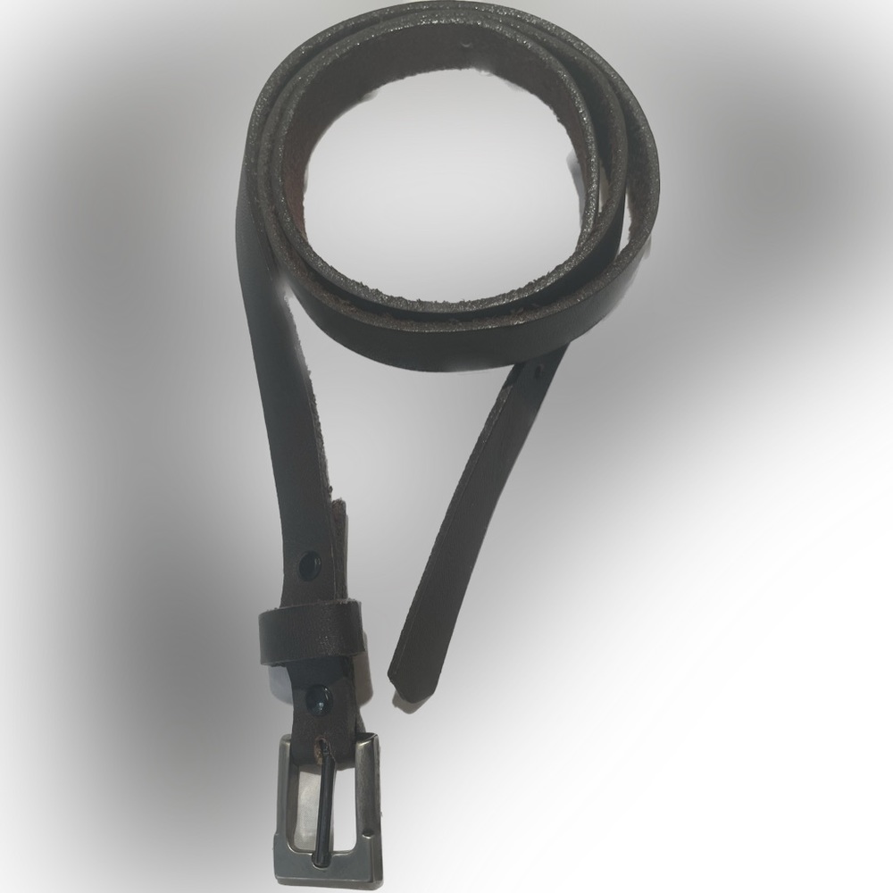 Skinny brown leather belt with silver/ pewter rectangle buckle